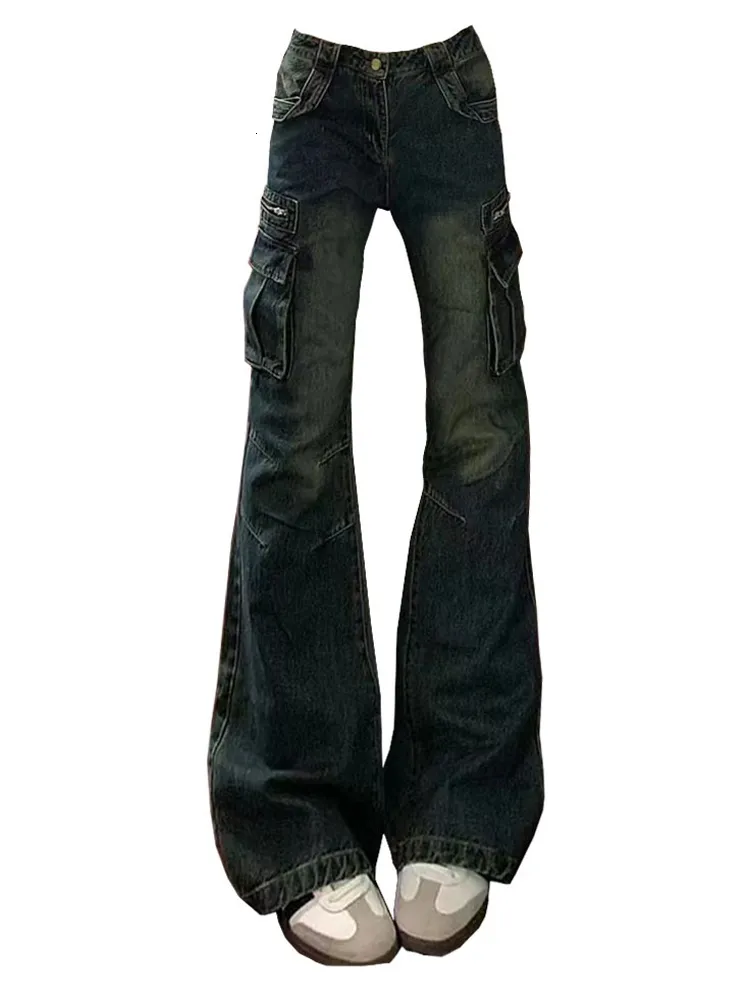 Womens High Waisted Cargo Flare Jeans with Big Pockets