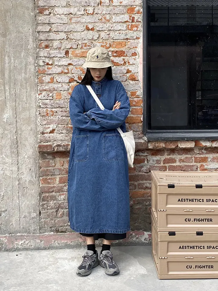 Super sized retro denim dress for women Japanese loose standing collar long  sleeved shirt with large pockets Chinese Year 240913