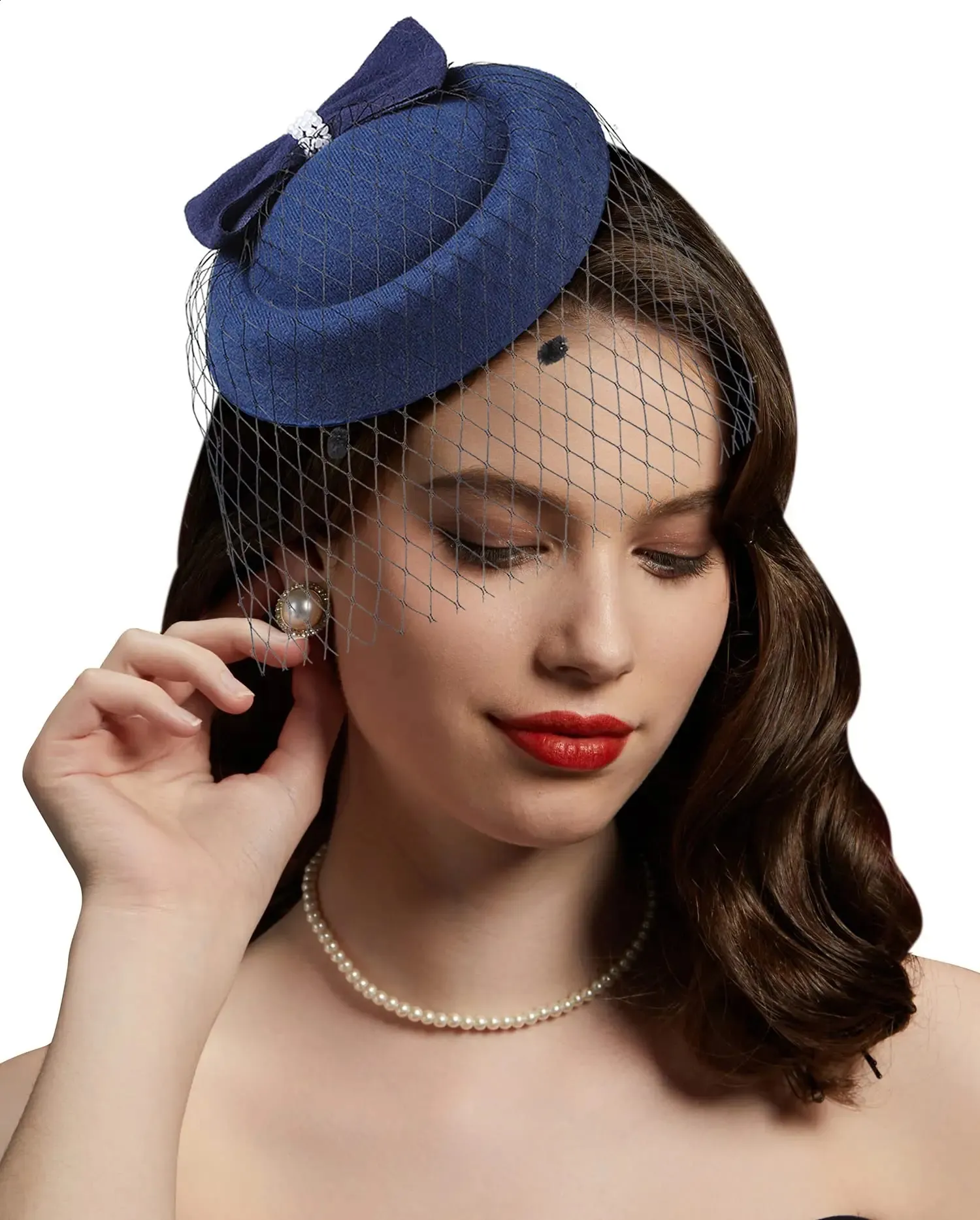 Vintage Navy Blue Satin Pillbox Hat Rhinestone Buckle Birdcage Veil Mid Century Straw pillbox bridal hat with birdcage veil main image 3