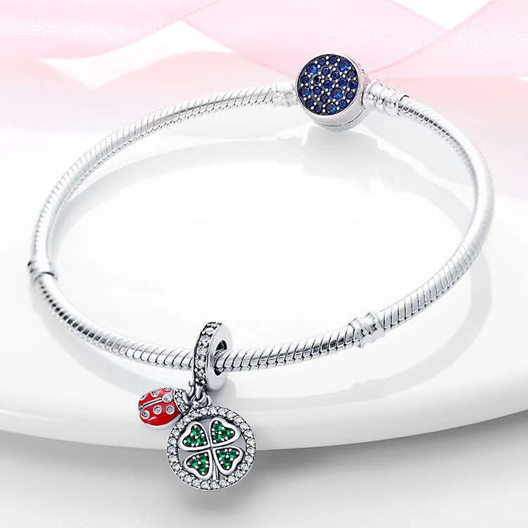 Charm coccinella e quadrifoglio verde in argento per bracciale_voghion.com