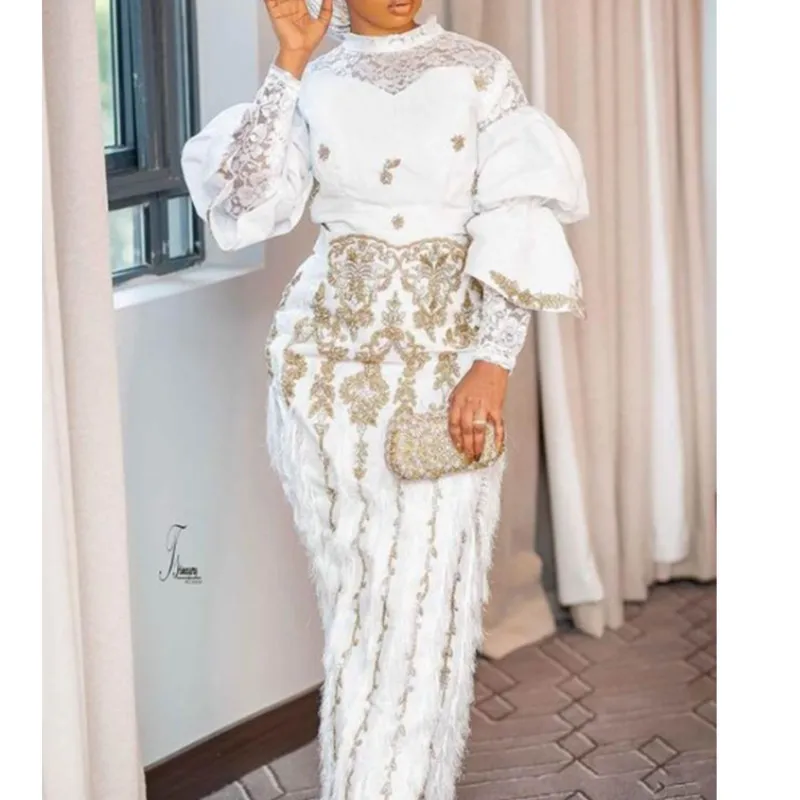 Modern African Lace Two-Piece Women's Church Suits for Women with Tassel Trailing Half Dress - White