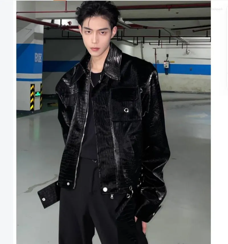Crocodile Embossed Leather Jacket with Shoulder Pads - Men's