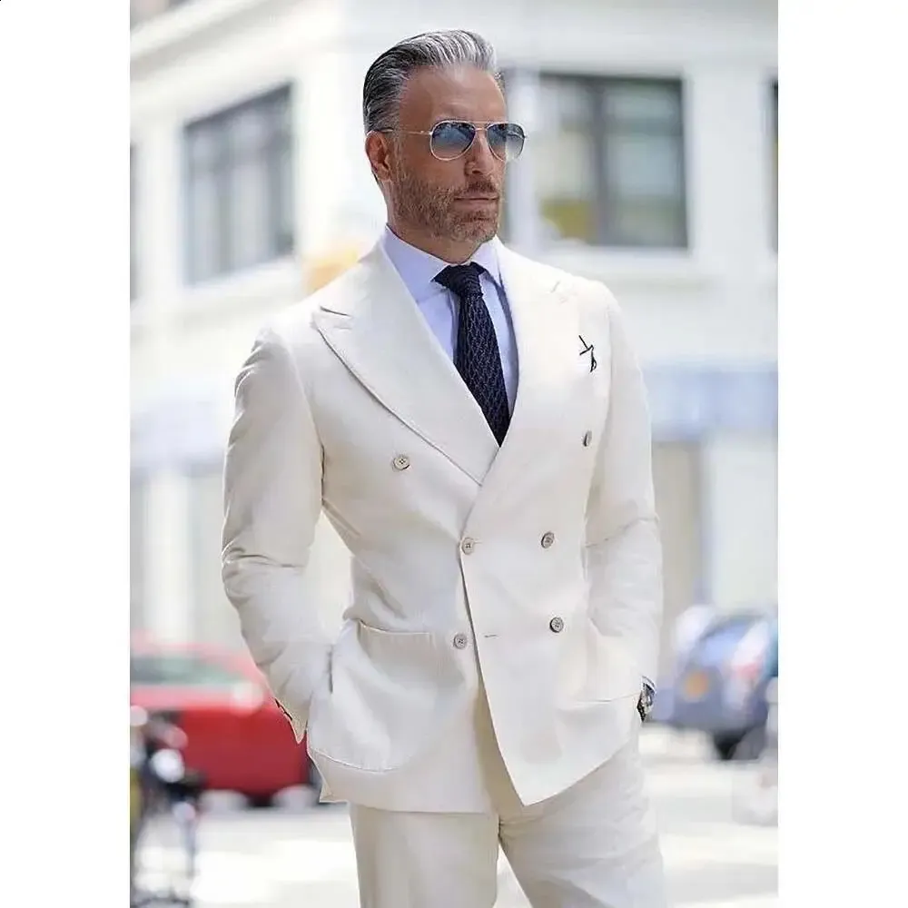 Men's Chic White Linen mens Double Breasted suits with Lapel and Double Breasted - Smart Casual Wedding (2 Pieces)