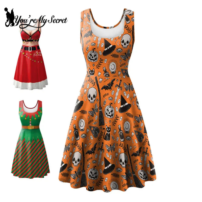 skull christmas dress Rosegal Plus Size Christmas Hat Skull Holly Print A Line Dress Plus Size,Black,5x,Casual,Fall,Spring,Summer,A-Line,Sleeveless,Straps