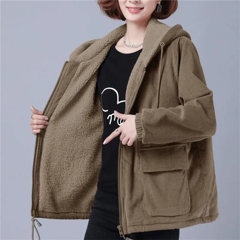 Womens Corduroy Hooded Jacket Casual Loose Plus Size Velvet