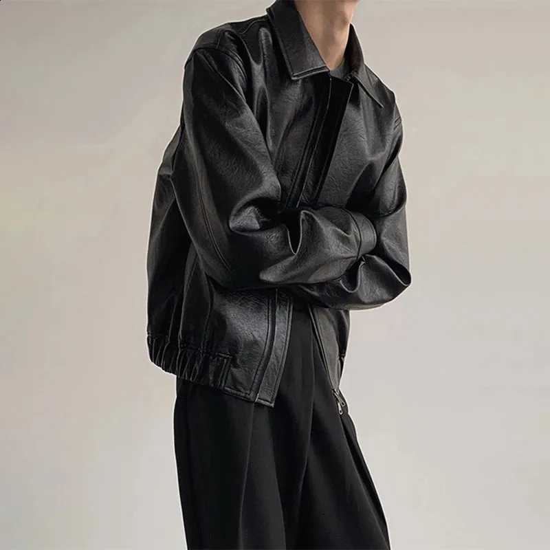 Fashion Y2K Mens Leather Jacket Streetwear Solid Color Loose Long