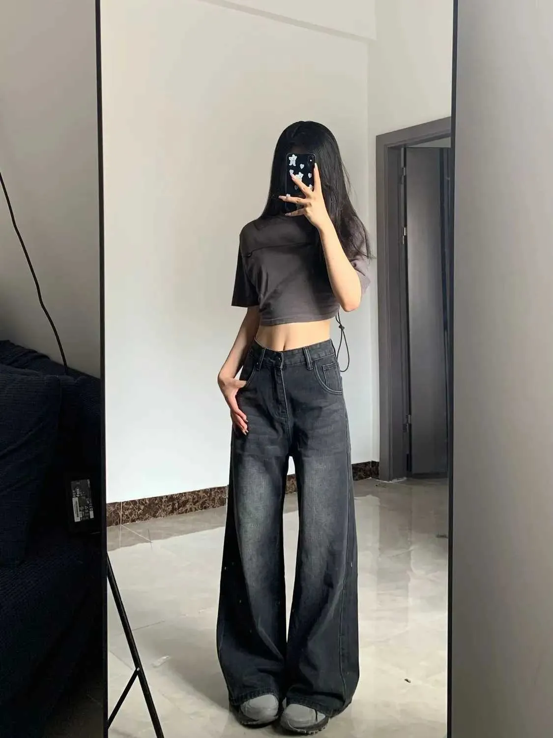 High Waist Black Washed Denim Jeans - Grunge Y2K Streetwear