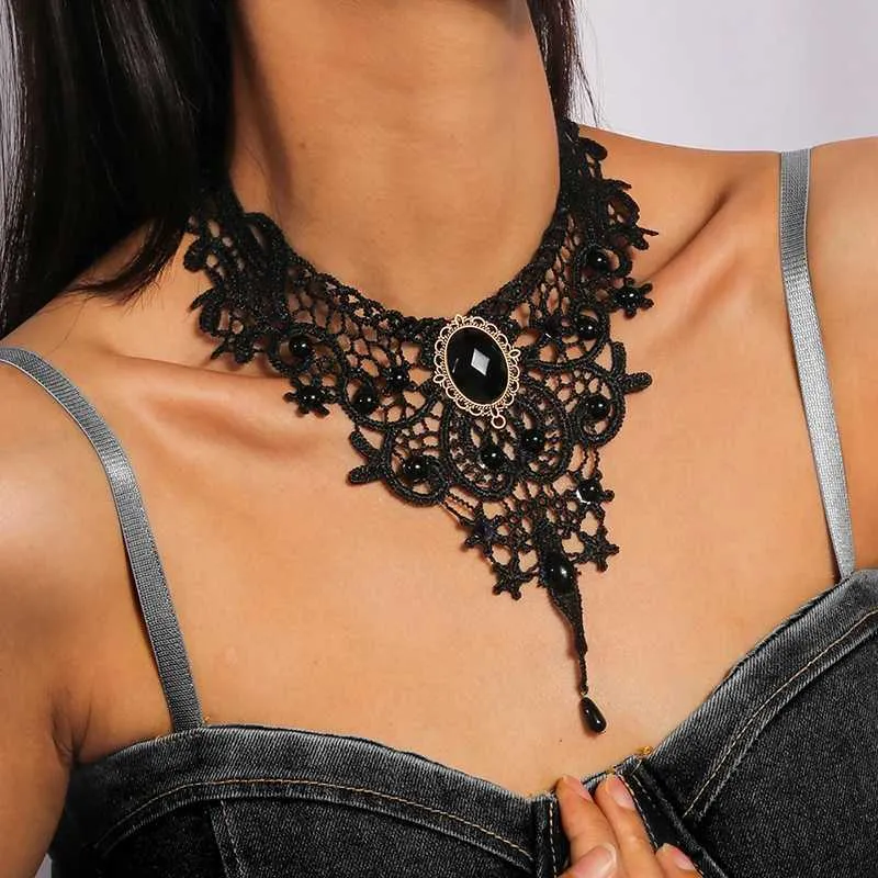 Black Lace Gothic Victorian Choker Necklace Water Drop Design