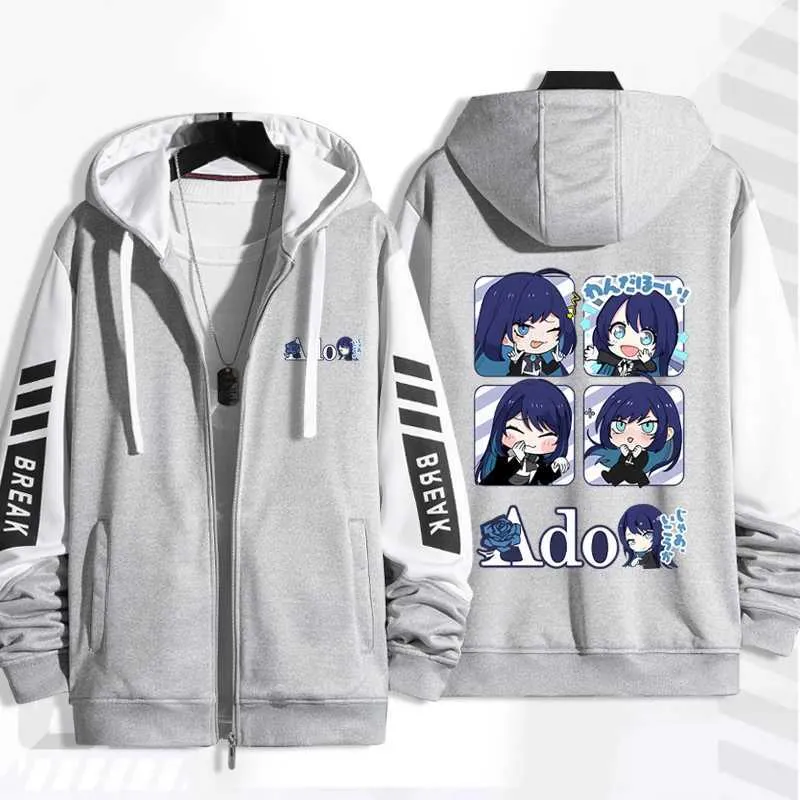 Ado フーディー Anime Hooded Sweatshirt, Cartoon Print Zip Up Hoodie For Women And