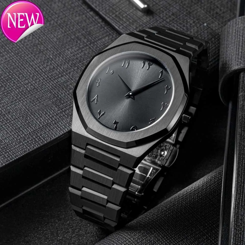Black Stainless Steel Mens Quartz Watch Arabic Dial, Ultra Thin