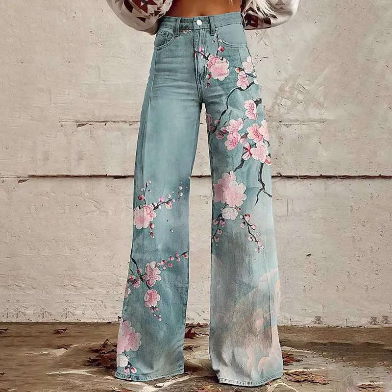 DHgate.com:Cherry Blossom Embroidery Baggy Jeans - Harajuku