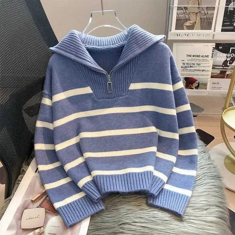 Women's Wide Stripe Cotton Pullover Sweater - Loose Fit, O-Neck, Knitted