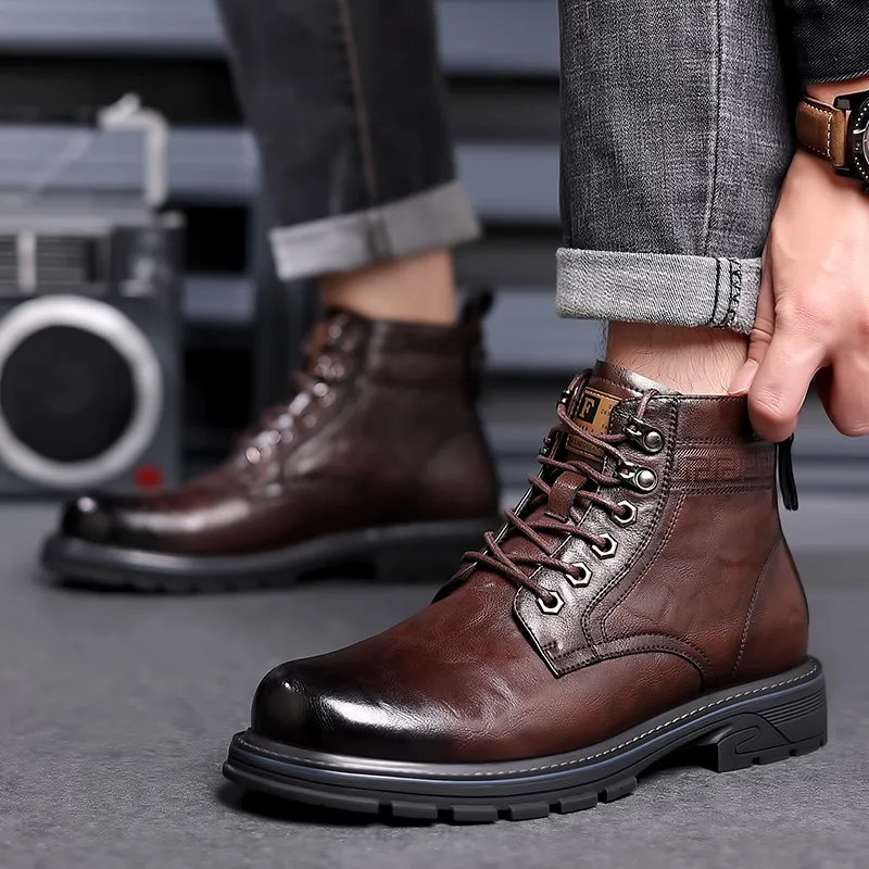 Mens Genuine Leather Ankle Boots, Lace-Up Casual Dress Shoes for