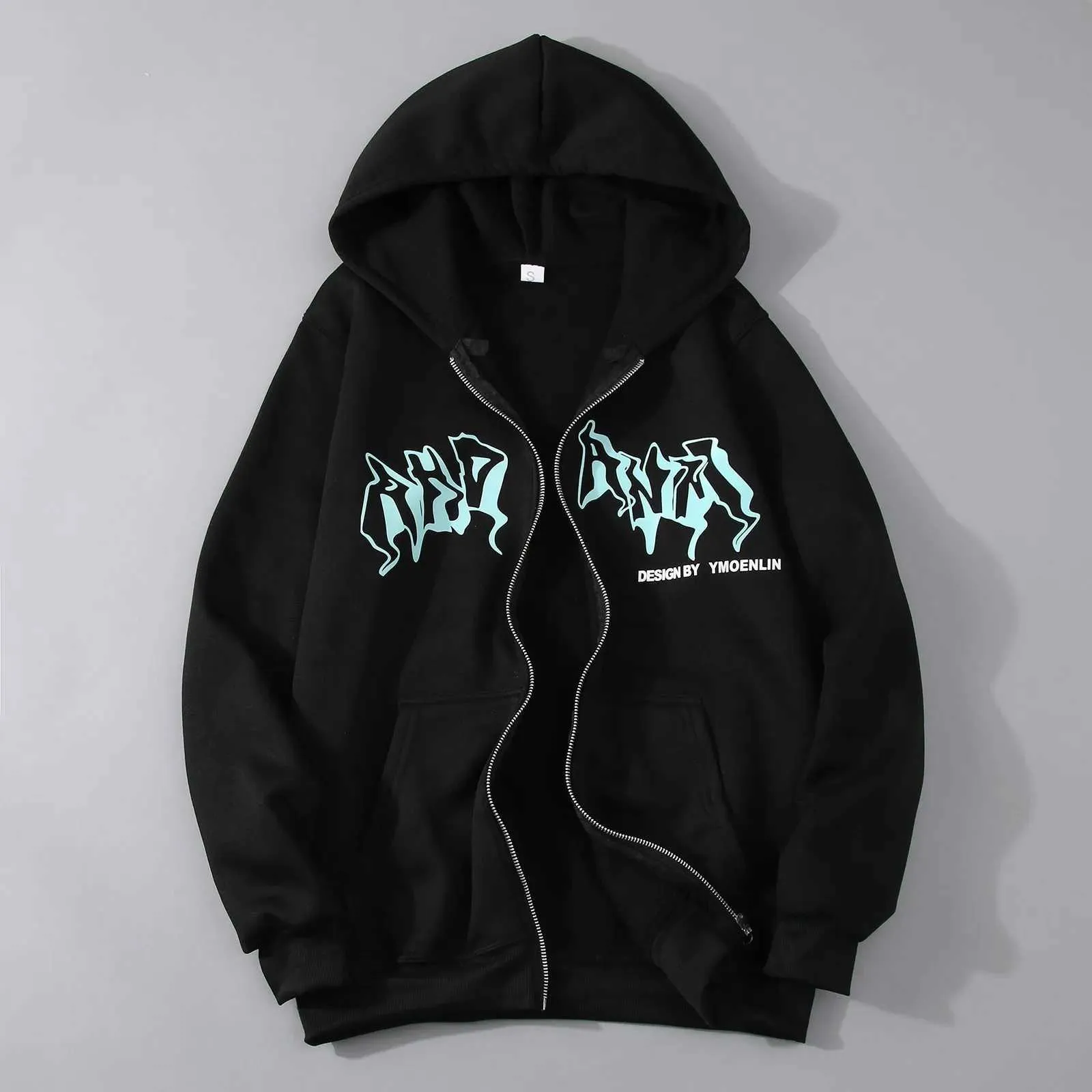 DHgate.com:Harajuku Streetwear Zip Up Hoodie - Letter Print