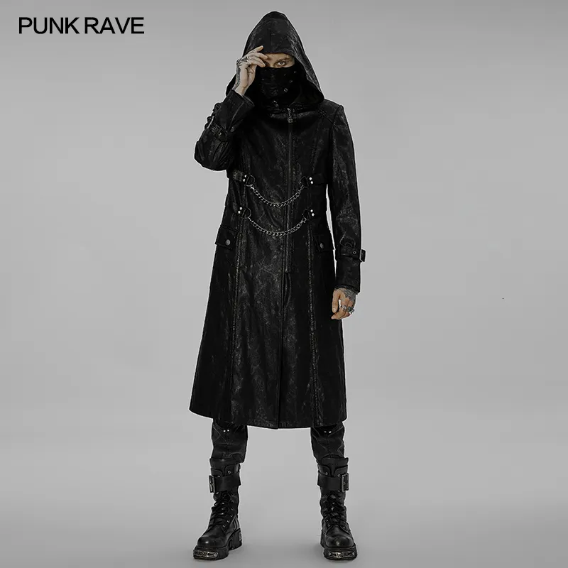 Mens Punk Hooded Long Coat with Stand Collar, Metal Chains