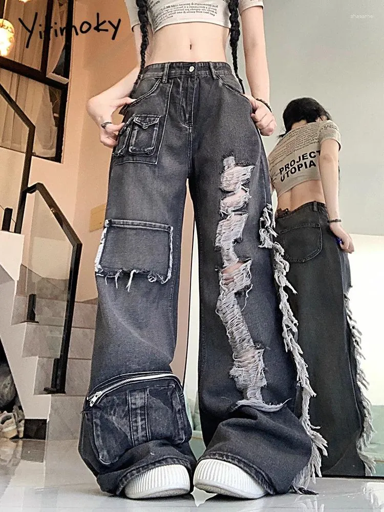 High Waisted Wide Leg Denim Cargo Pants with Burr Edge Detail Korean  Streetwear Fashion