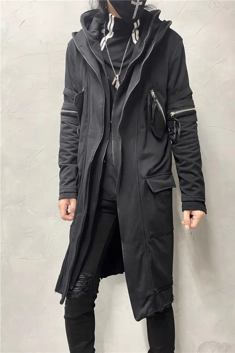 Military Style Black Trench Coat Punk Rocker Long Coat Black