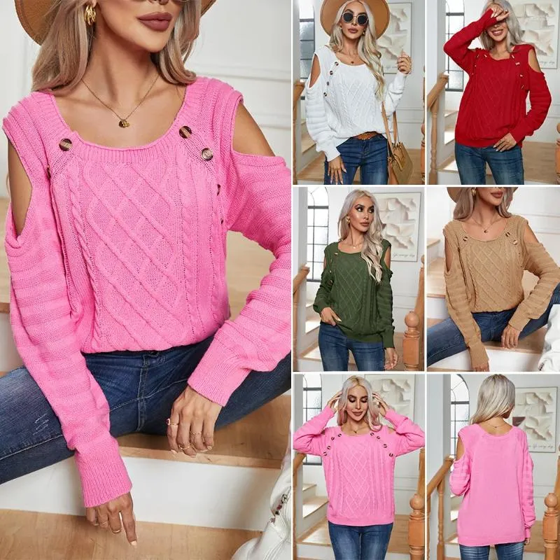 Women's Off-Shoulder Twisted Flower Knit Sweater with Buttons Square  Collar, Long Sleeves, Autumn Winter