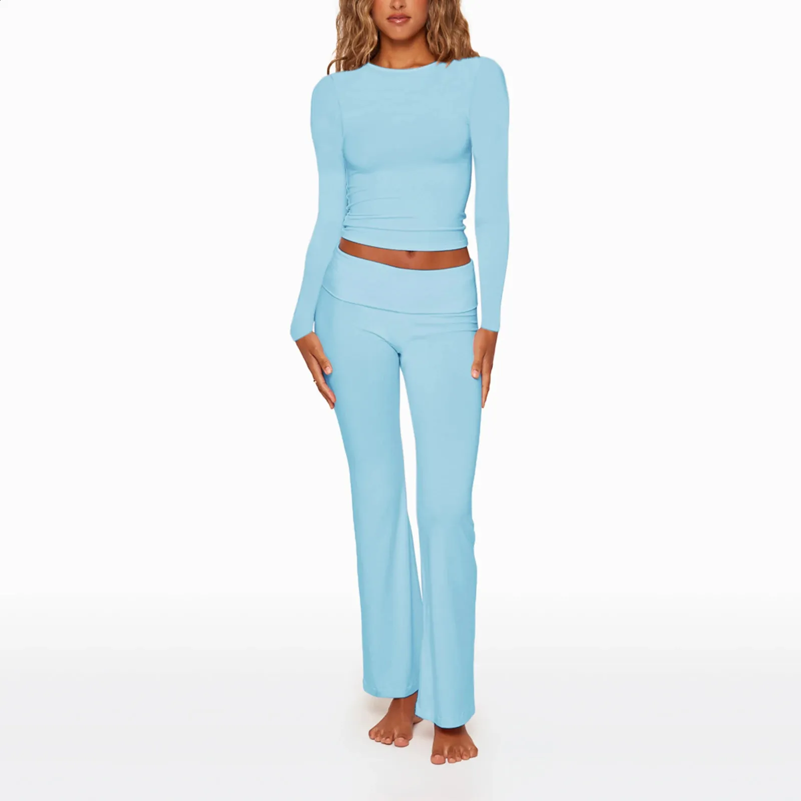 2-Piece Fold-over Flare Pants Set: Comfortable Lounge Wear Crop Top  Low-Rise Flared Pants