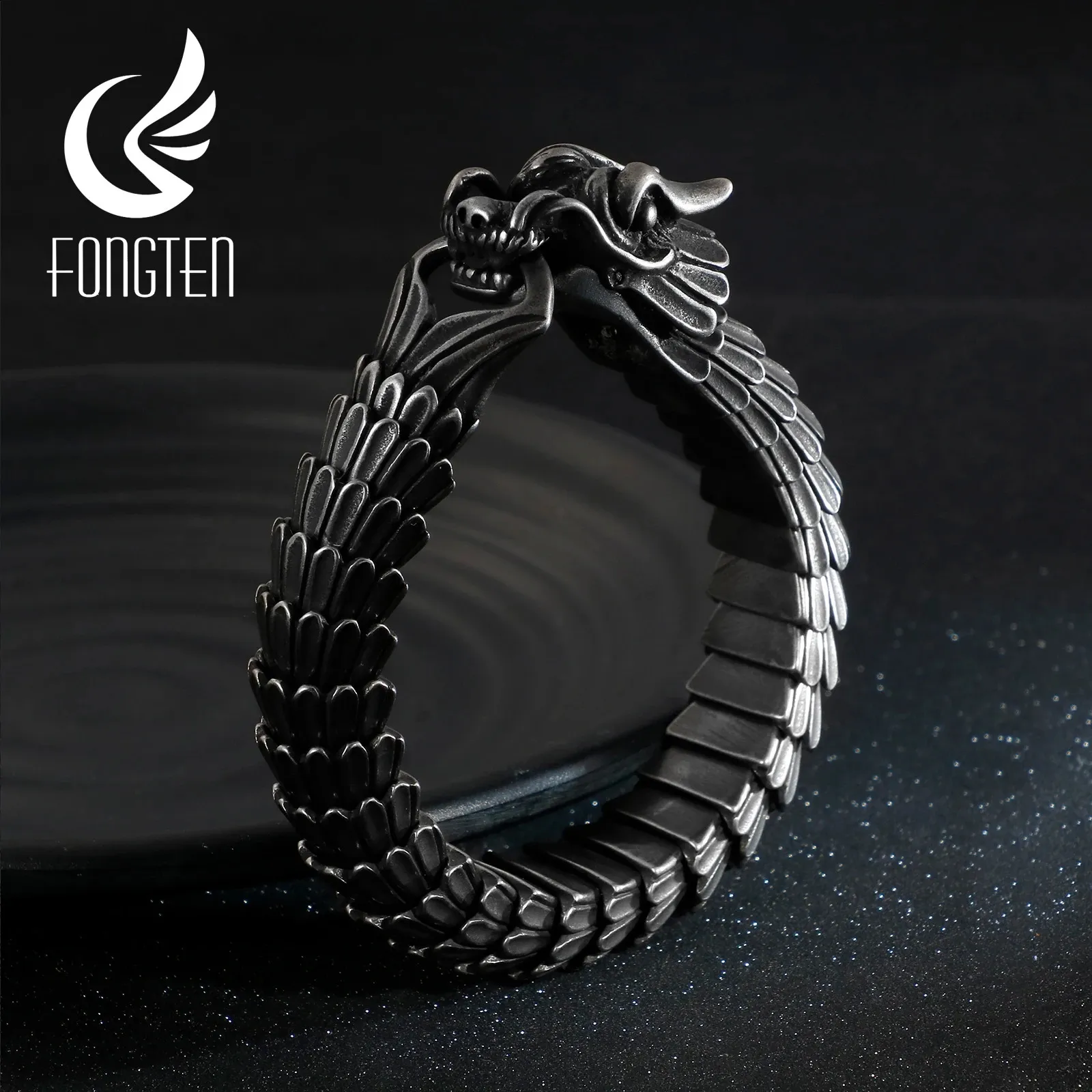 HZMAN Stainless Steel Dragon Head Bracelet For Men - Gothic Punk Cuban Chain Bangle, 8.6 Inches, Gift Box