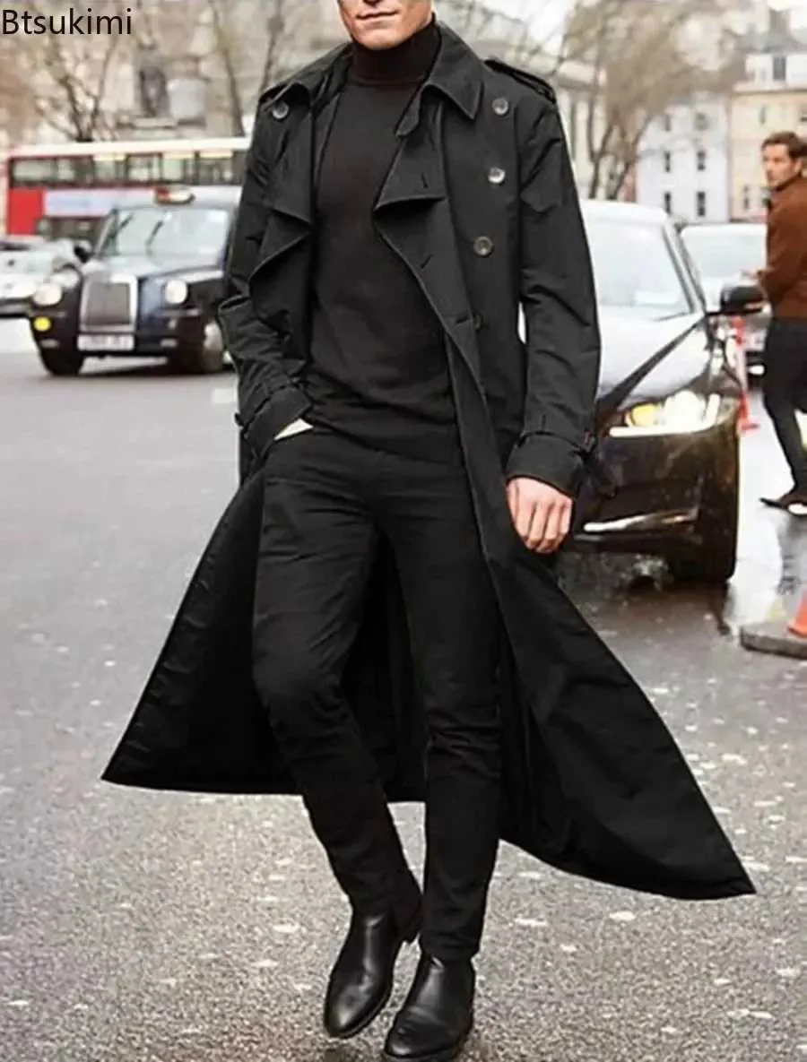 W240918 Mens Long Trench Jacket Slim Fit Windproof Coat For Spring