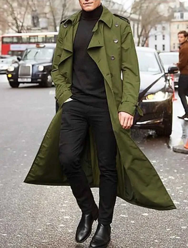 W240918 Mens Long Trench Jacket Slim Fit Windproof Coat For Spring