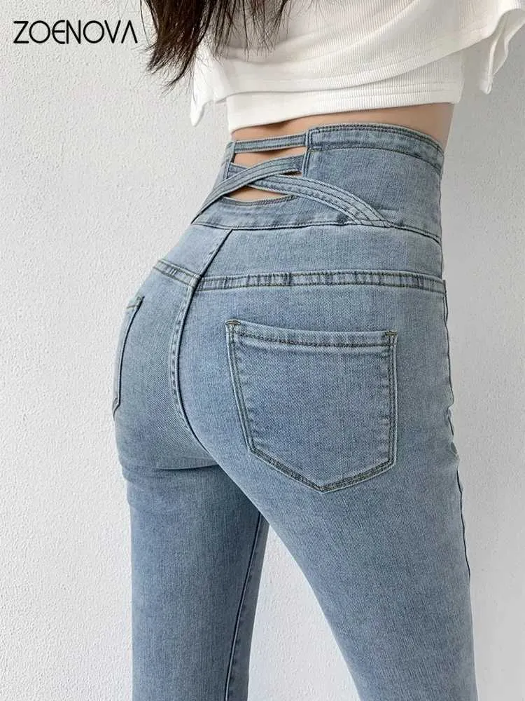 Jeans Ajustados De La Cintura Alta Para Mujeres Mezclilla Vintage