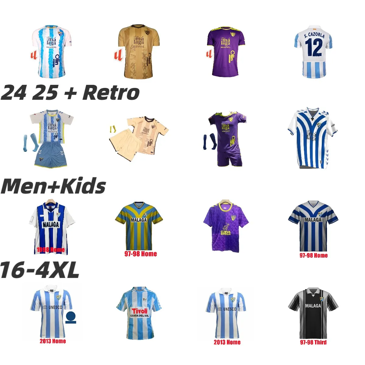 120th Malaga FC Soccer Jersey with Luis Munoz, Castro 12, 13, Juande Rivas,  Juanpi, Adrian, Fran Sol, Juankar, Juanfran Men's, Kids', Febas Pablo