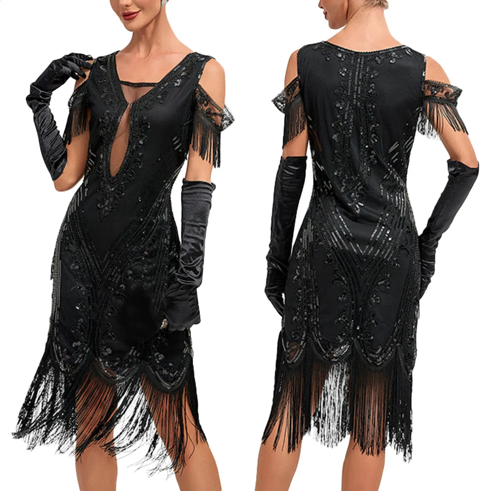 chinese dress ladies BABEYOND Elegant See-Through Long Sleeve Fringed Flapper Roaring 20s Dance Party Dress, Black, Size S main image 0