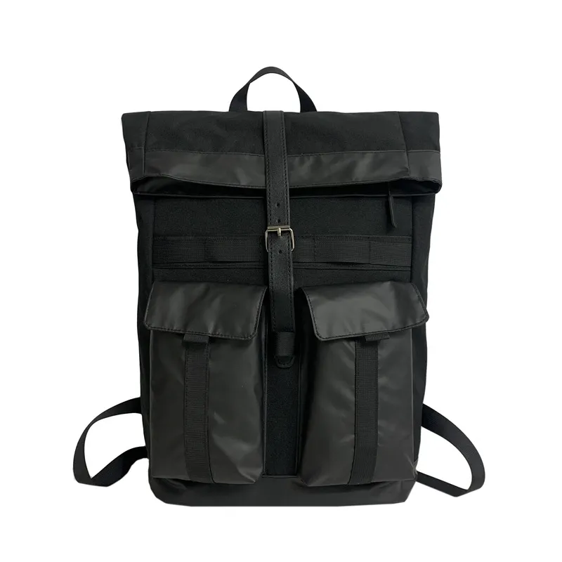 Black Waterproof Roll-Top Backpack PU Leather, Large Capacity, Unisex  Travel Bag