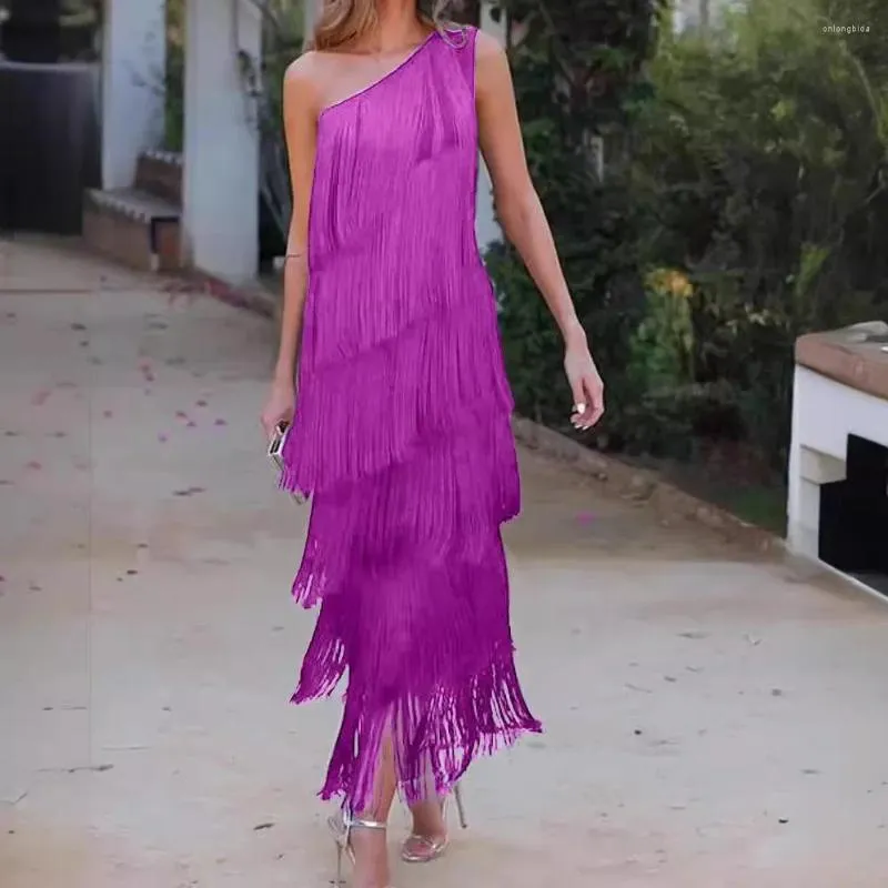 Casual Dresses Spring And Summer Fashion Fringed Slanted Shoulder  Asymmetrical Dress For Women