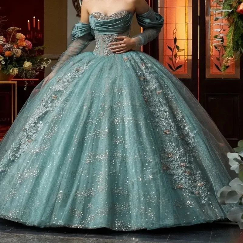 Girls' Light Blue Princess Ball Gown Dress with Bows and Sequins