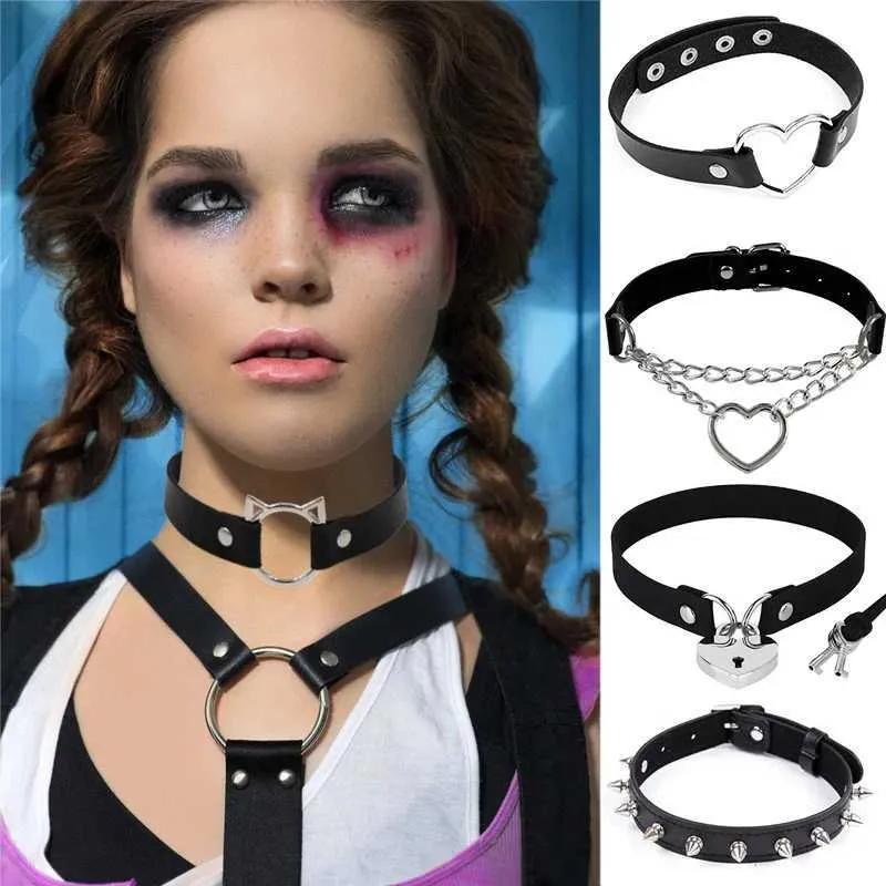 TISDA Gothic Rivet Leather Choker - Spiked Heart Necklace Collar, Punk Vintage Style