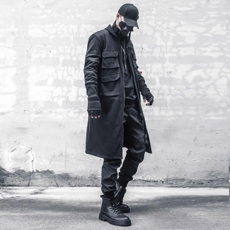 Mens Black Long Trench Coat with Multiple Pockets