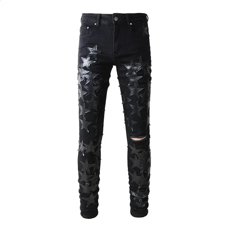 Mens Distressed Streetwear Black Denim Pants Leather Black Star