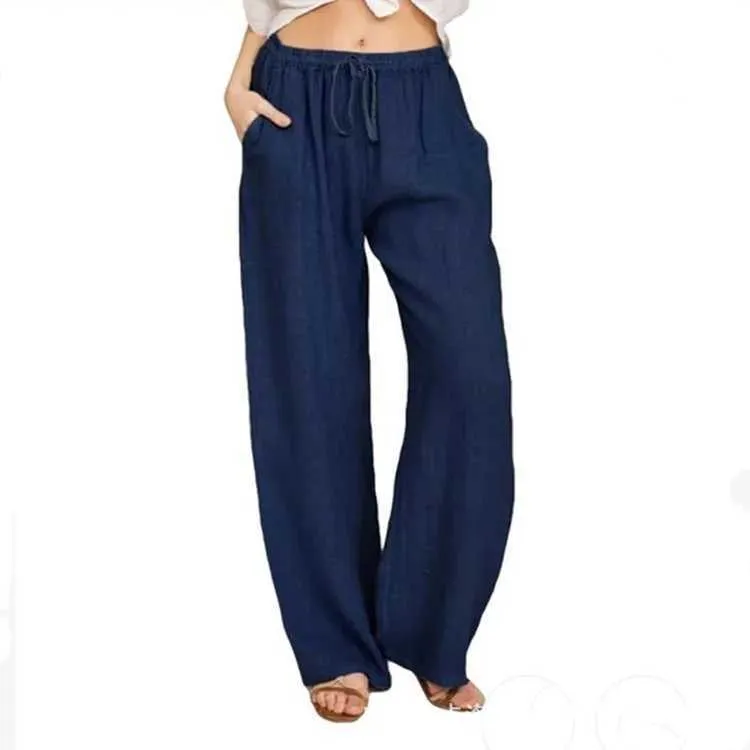 Linen Pants Women Solid Elastic Pants Long Drawstring Linen