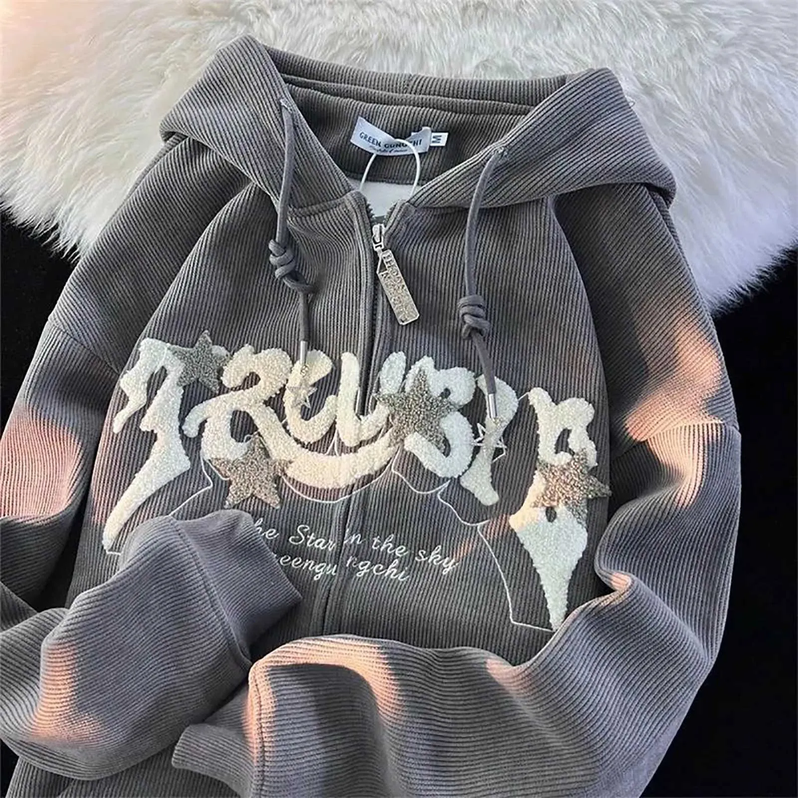 Retro Embroidered Corduroy Hooded Sweatshirt Jacket ... From 