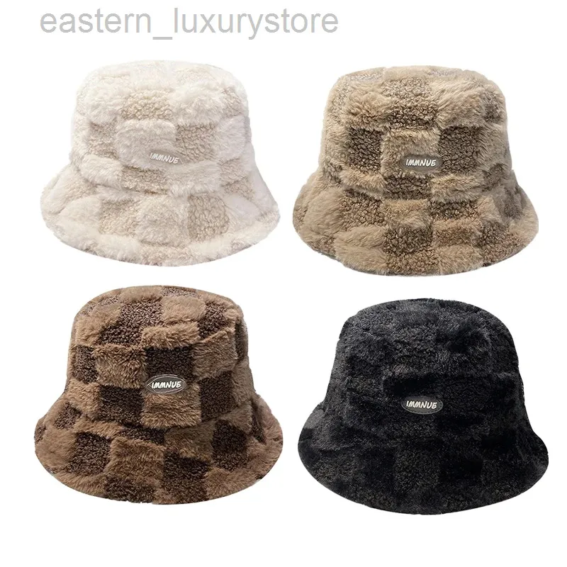 Womens Plaid Faux Rabbit Fur Bucket Hat - Warm Plush  display picture 2