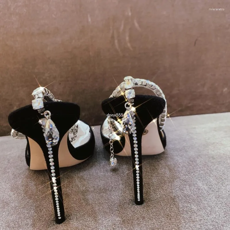 Black Rhinestone Chain Buckle Closed Toe Stiletto Heels for Women Spring  Summer 2024