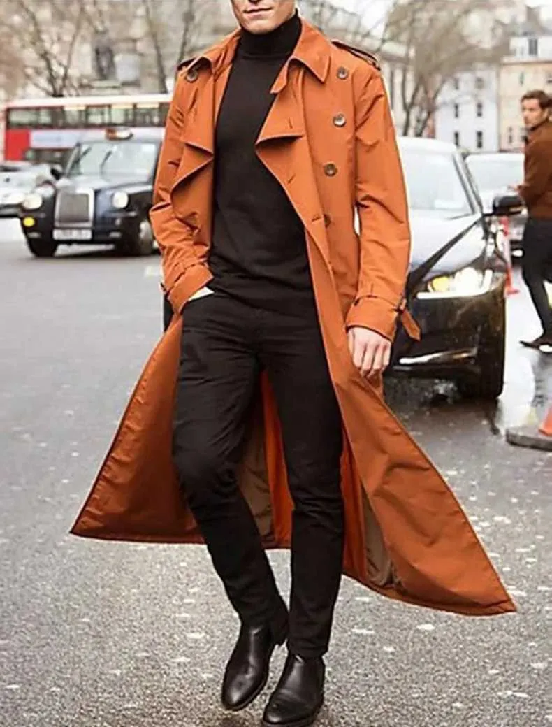 W240918 Mens Long Trench Jacket Slim Fit Windproof Coat For Spring