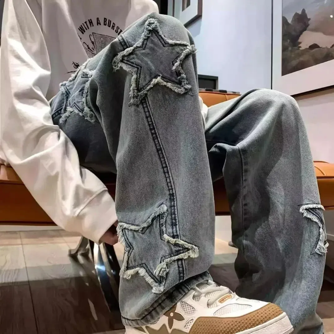 Mens Star Embroidered Straight Leg Denim Jeans - Soft