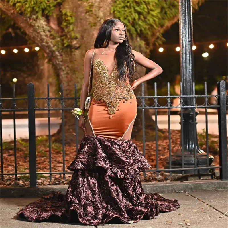 Orange & Brown Rhinestone Mermaid Prom Dress with 3D Floral Appliques -  Elegant Formal Gown for Black Girls from Dhgate Prom Dresses - price 179.91