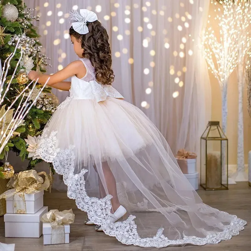 Called Gown Flowy Skirt Short In Front Long In Back Flower Girl Dress Lace  Bow Front