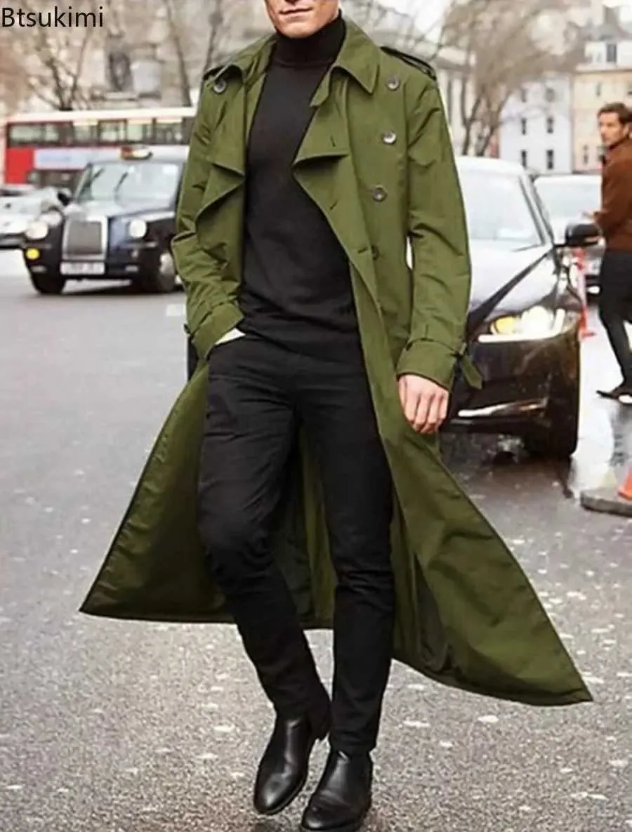 W240918 Mens Long Trench Jacket Slim Fit Windproof Coat For Spring