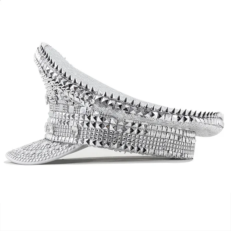 Rhinestone Octagonal Bride Captain Hat White Military Sergeant