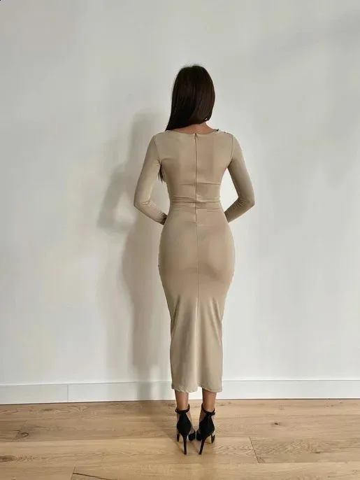 beige bodycon dress long sleeve Ribbed Mock Neck Long Sleeve Bodycon Midi Dress Wholesale Capella Apparel