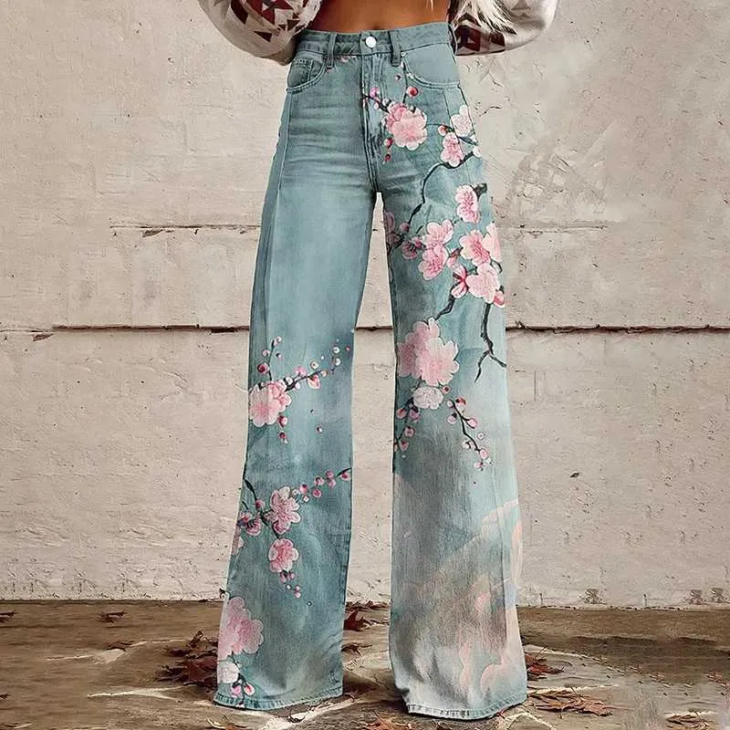 Cherry Blossom Embroidery Baggy Jeans - Harajuku Retro Hip Hop