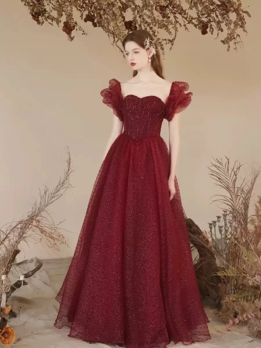 Elegant Off Shoulder Evening Dress Burgundy Sequin Dress Beads Dress