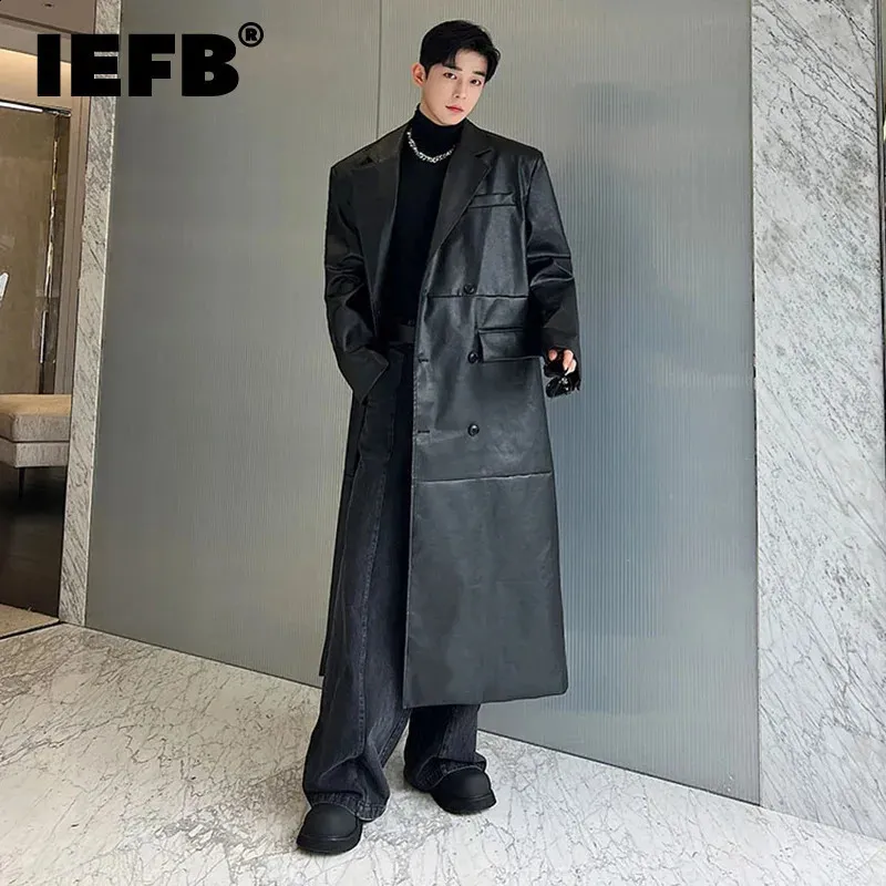 Men's PU Leather Trench Coat Wide Shoulders, Long Overcoat, Double  Breasted, Windbreaker