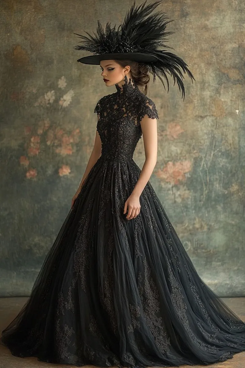 Vintage Black Gothic Wedding Dress High Neck Lace Appliques Short Illusion  Sleeves A-Line Tulle Sweep Train Bridal Gown Custom Made from Dhgate A-Line  Wedding Dresses - price 159.2